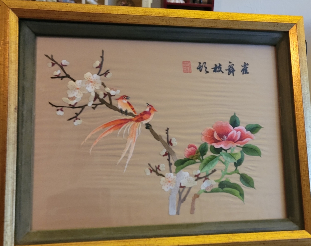 Vintage Japanese Silk Embroidery Handmade Framed Birds Flower Blossom Picture